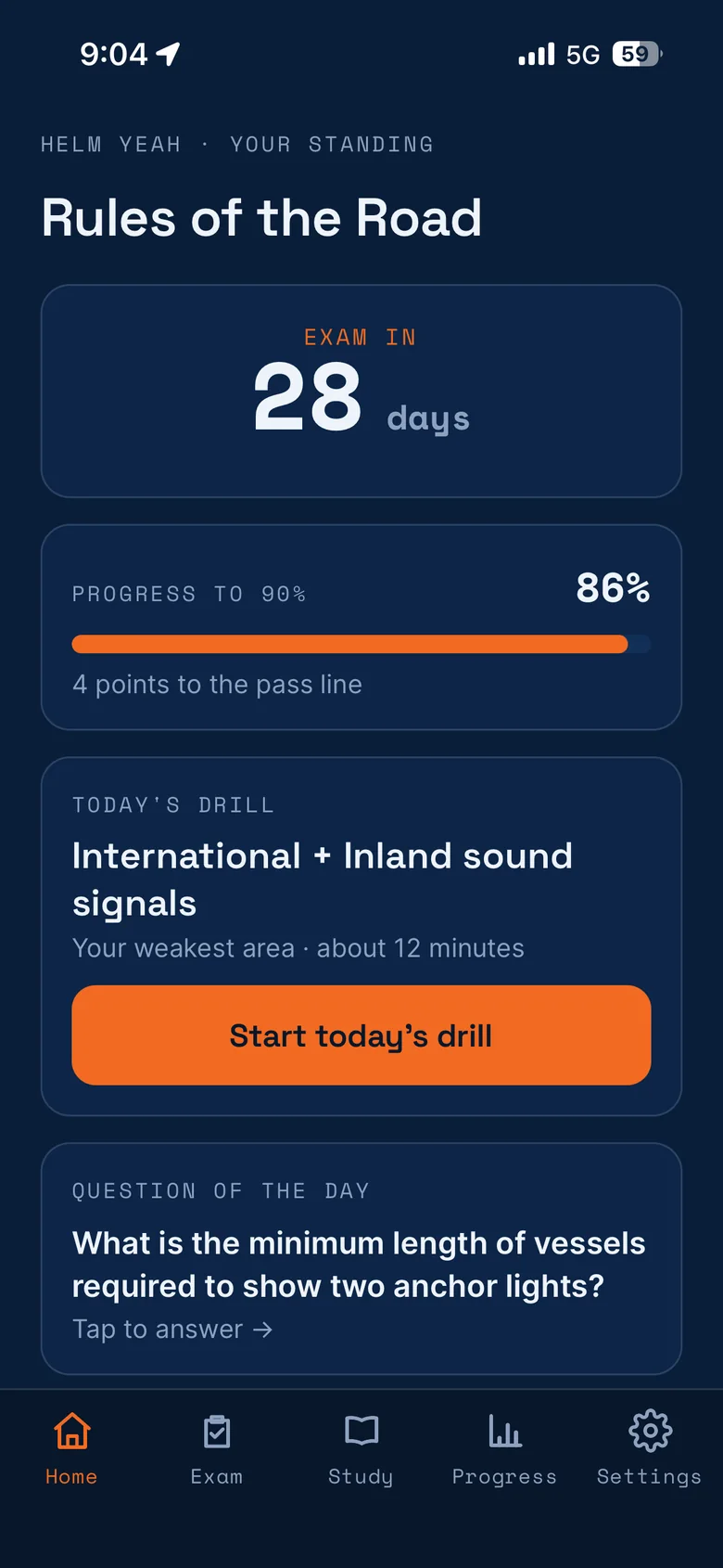 HelmYeah! home screen with exam countdown and progress to the 90% pass line