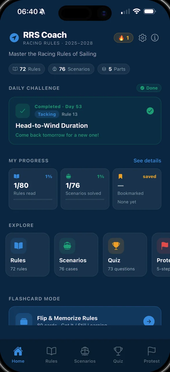 RRS Coach home screen with daily challenge and study progress
