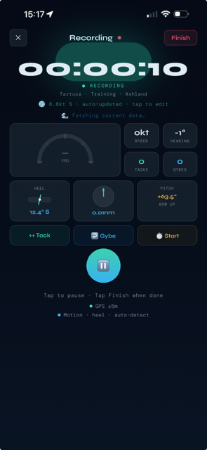 Tacktiq live session recording — speed, heading, heel and tack/gybe controls