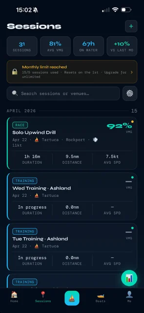 Tacktiq sessions dashboard with average VMG and recent sessions