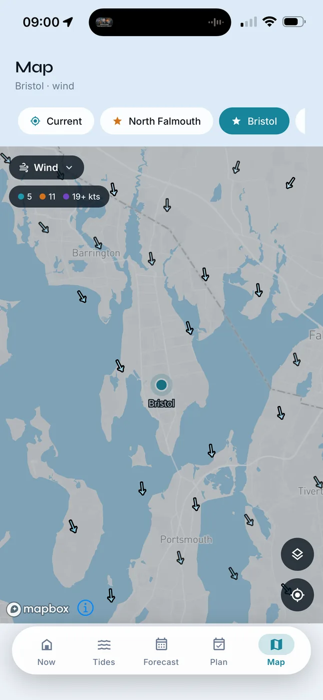 Map with wind arrows across Narragansett Bay
