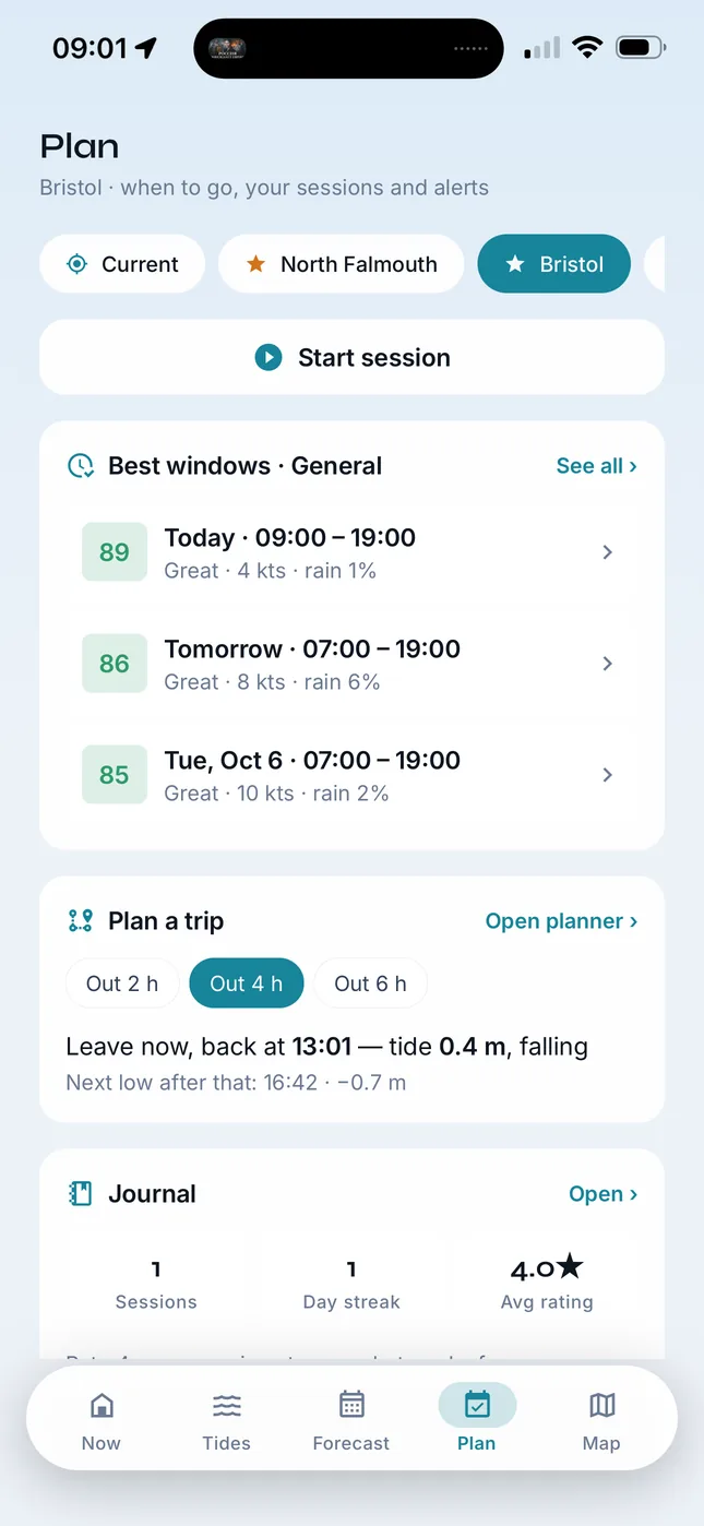 Plan screen: start a session, best windows for today and the next days, trip planner and journal
