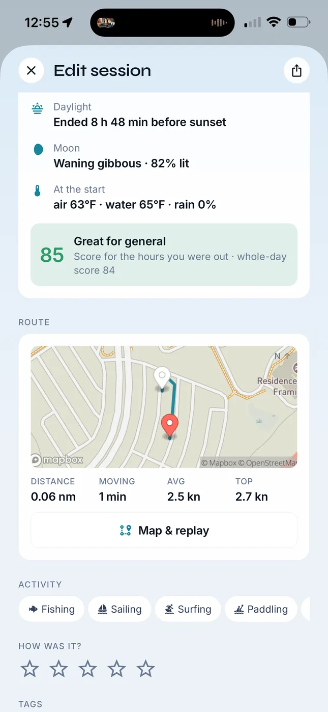 Edit session screen: the session score of 85, the route on a map with distance, moving time, average and top speed, and a Map and replay button